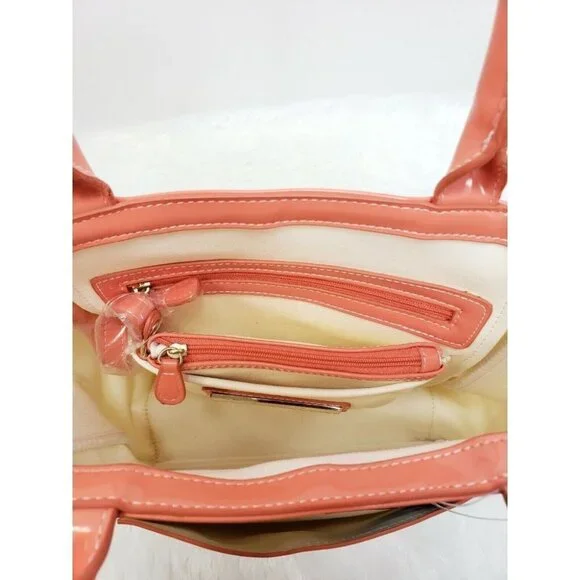 Liz Claiborne New York Pop Tote Large Cream Peach Trim Coin Purse Shoulder Bag - Picture 8 of 12